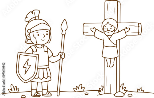 Childlike line art illustration depicting a roman soldier in armor holding a shield and spear standing beside a wooden cross with a simplified figure of jesus christ symbolizing faith and historical