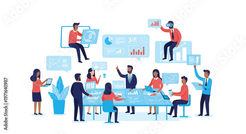 Business people discussing data and statistics in a meeting room with graphs and charts