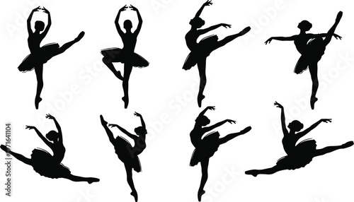 Ballet dancer silhouettes in classical poses with tutus, expressive stage performance, elegant choreography, graceful movement, artistic dance illustration set
