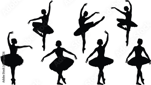 Ballerina silhouettes in classical ballet poses with tutus, elegant stage performance, graceful choreography, expressive dance art, artistic movement illustration