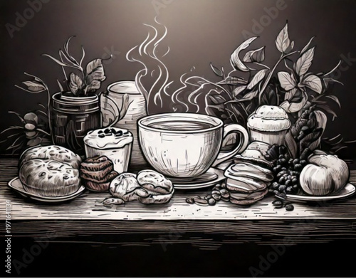 Still life arrangement of antique pottery and plants.