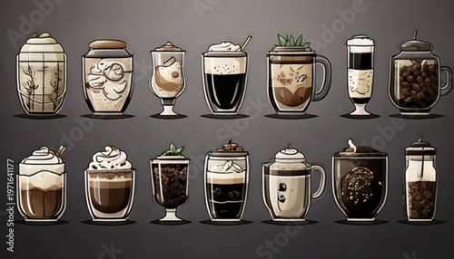 Collection of pixel art coffee drinks and beverages.