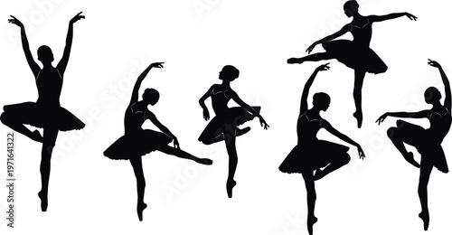 Ballet dancer silhouettes in classical poses with tutus, pointe shoes, elegant stage performance, graceful choreography, artistic dance movement illustration