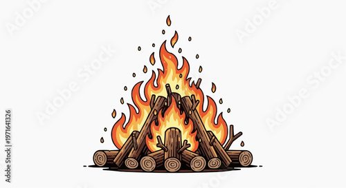 A vibrant illustration of a burning campfire with logs and flames in white background.
