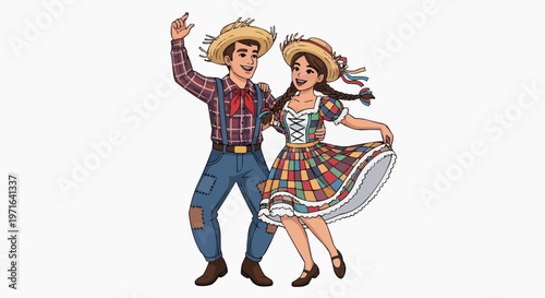 A colorful illustration of a dancing couple in traditional folk attire with straw hats in white background.