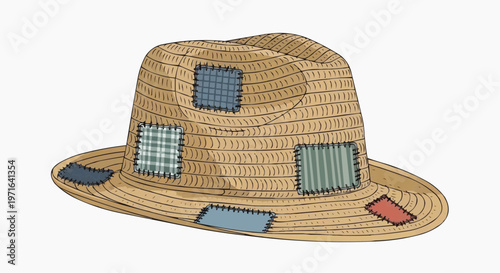 A vector graphic illustration of a stylish straw hat with colorful patches in white background.