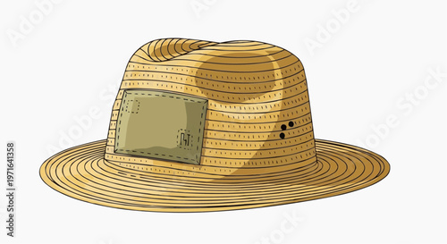 A vector graphic illustration of a straw hat with a smart technology device embedded in it in white background.