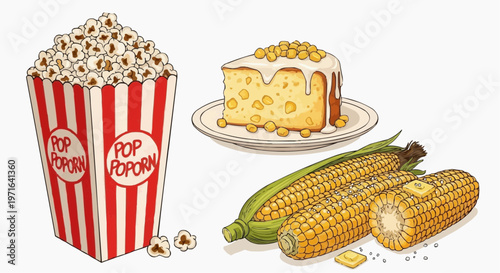 A colorful illustration of popcorn, cake, and corn on the cob, perfect for a movie night or snack theme in white background.