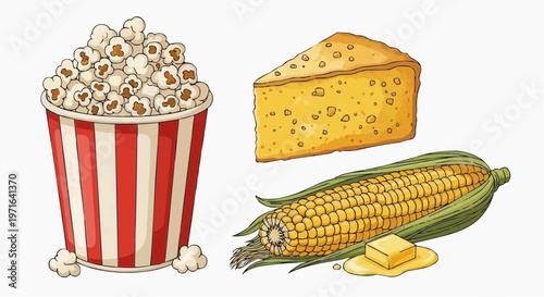 A colorful illustration of popcorn, cheese, and corn on the cob, perfect for a movie night or snack theme in white background.