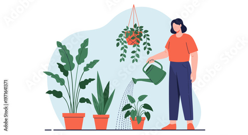 A woman in a vibrant orange t-shirt and blue pants meticulously waters her diverse collection of indoor potted plants, cultivating a serene and thriving botanical environment within her home.