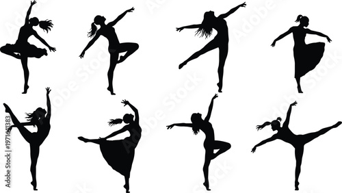 Ballet dancer silhouettes in classical poses with skirts, expressive stage performance, elegant choreography, graceful movement, artistic dance illustration