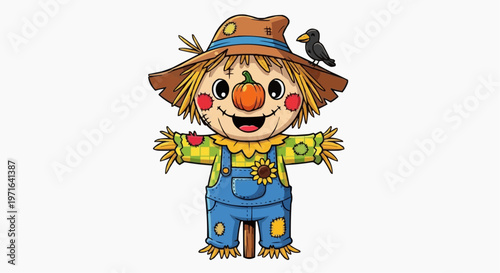 A cheerful cartoon scarecrow with a pumpkin nose and a bird on his hat in white background.
