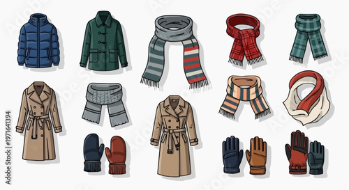 A colorful illustration of various winter clothing items including coats, scarves, and gloves. in white background.