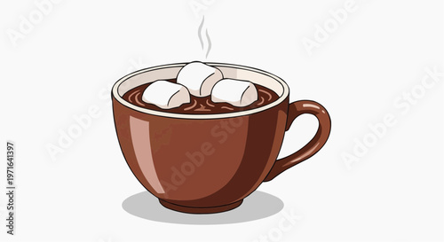 A vector graphic illustration of a brown coffee mug filled with hot chocolate and marshmallows in white background.