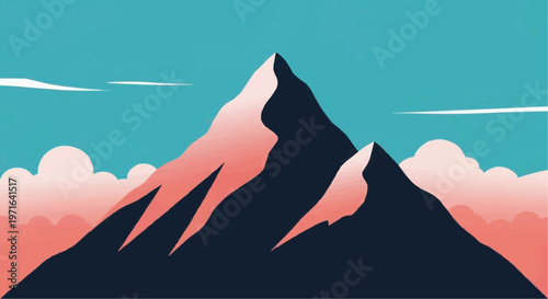 A minimalist vector graphic illustration of a mountain range with a vibrant blue sky and pink clouds in white background.