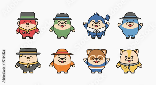 A colorful vector illustration of eight cartoon animals wearing hats and outfits in white background.