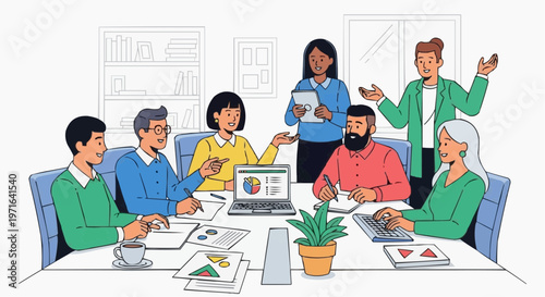 A diverse group of people collaborating and discussing ideas in a modern office setting with laptops and papers in white background.