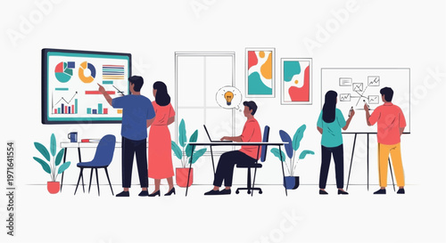 A group of people working together in a modern office with a large screen and whiteboard in white background.