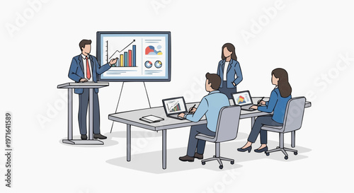 A vector graphic illustration of a business team in a meeting with a presentation on a screen in white background.