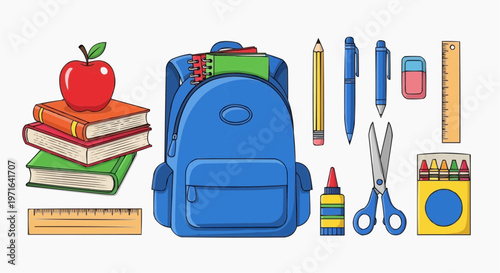 A colorful illustration of school supplies and a blue backpack with books and an apple in white background.