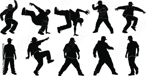 Dynamic hip hop dancer silhouettes in streetwear performing breakdance moves, energetic urban dance culture, expressive street performance, modern choreography illustration