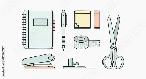 A set of office supplies including a notebook, pen, scissors, and stapler in a flat, minimalist vector illustration in white background.