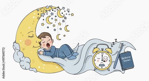 A cartoon boy sleeping peacefully on a crescent moon with a smiling face, surrounded by stars and a sleeping alarm clock. in white background.
