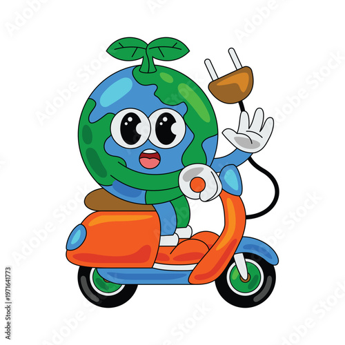 Cartoon Earth Character Riding Electric Scooter