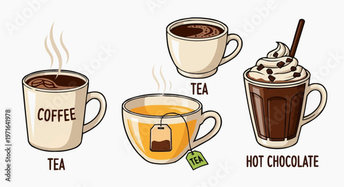 A vector graphic illustration of four different hot beverage options including coffee, tea, and hot chocolate in a flat minimal design style. in white background.