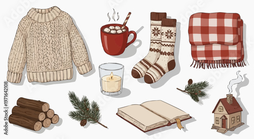 A cozy winter illustration featuring a sweater, mug, socks, and other warm elements. in white background.