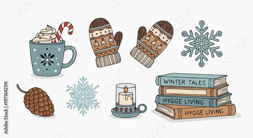 A vector graphic illustration of winter elements including a mug, mittens, snowflakes, books, and a candle. in white background.