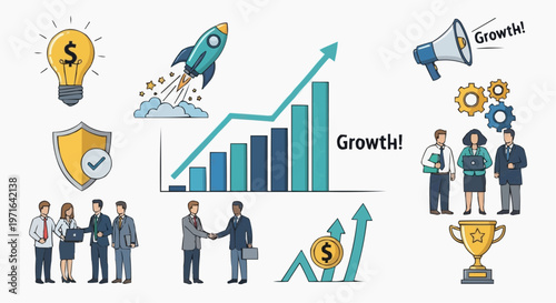 A vector graphic illustration of business growth and success with various icons and symbols in white background.