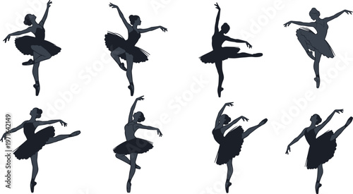 Ballet dancer silhouettes in elegant poses, ballerinas in tutus and pointe shoes, graceful classical dance illustration, performance art design inspiration