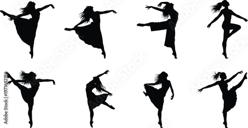 Contemporary dancer silhouettes in expressive poses with flowing garments, modern dance performance, graceful stage art, fluid choreography, artistic movement illustration