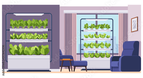 Modern indoor vertical hydroponic garden systems cultivating fresh leafy green vegetables in a contemporary home living room setting.