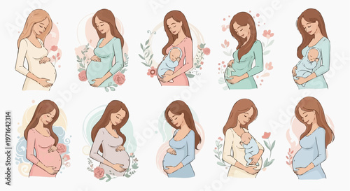 A set of vector illustrations depicting pregnant women and new mothers in various poses with flowers in white background.