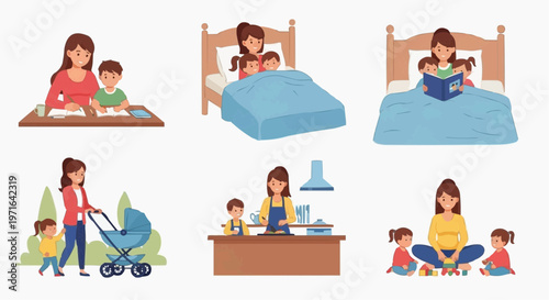 A vector graphic illustration of a mother spending quality time with her children in various activities in white background.