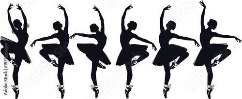 Ballet dancer silhouettes in identical elegant pose with tutus and pointe shoes, classical dance symmetry, graceful stage art, choreography illustration