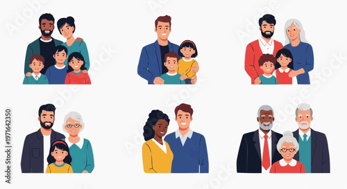 A colorful vector graphic illustration of diverse multi-generational families standing together in white background.
