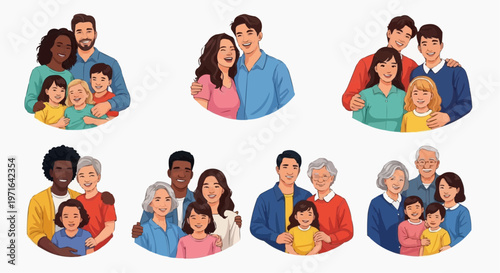 A colorful vector graphic illustration of diverse multi-generational families in a flat minimal style in white background.