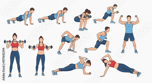 A colorful vector graphic illustration of people performing various fitness exercises with dumbbells and bodyweight in white background.