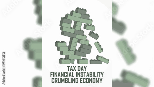 Dollar Sign Crumbling Economic Crisis in Building Blocks