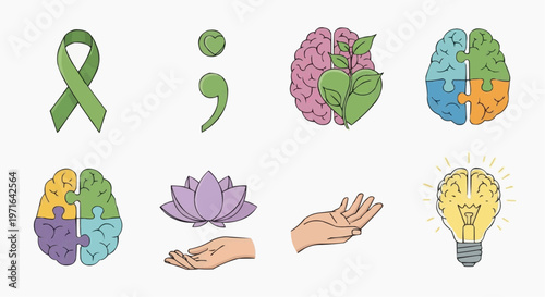 A vector graphic illustration depicting mental health symbols and icons for awareness and support in white background.