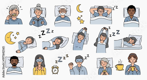 A vector graphic illustration of people sleeping and waking up in various poses and expressions in white background.