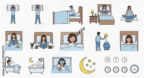 A vector graphic illustration depicting various scenes of a woman's daily sleep and bedtime routine in a minimalist style in white background.