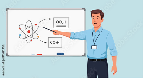 A cartoon man in a blue shirt pointing at a whiteboard with a chemistry diagram in white background.