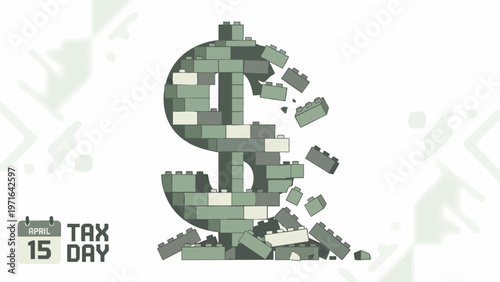 Dollar Sign Made of Blocks Collapsing on Tax Day