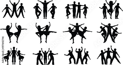 Dancing couples silhouettes in diverse poses, ballroom and partner dance illustration, elegant movement art, cultural performance design, synchronized dance expression