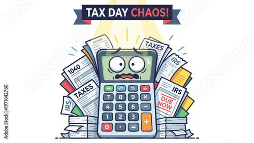 Calculator Cartoon Overwhelmed by Tax Paperwork on White Background