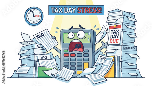 Tax Day Stress with Frantic Calculator Overwhelmed by Paperwork